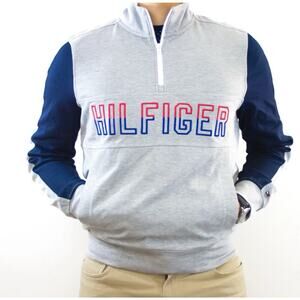 NWOT Tommy Hilfiger Men's 1/2 Zip Pullover Kangaroo Pocket Large Logo Gray-Large